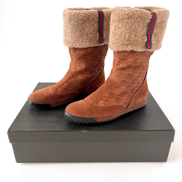 GUCCI | Apres Brown Suede Shearling GG Monogram Web Stripe Ankle Ski Boot EU36.5 - Picture 12 of 15